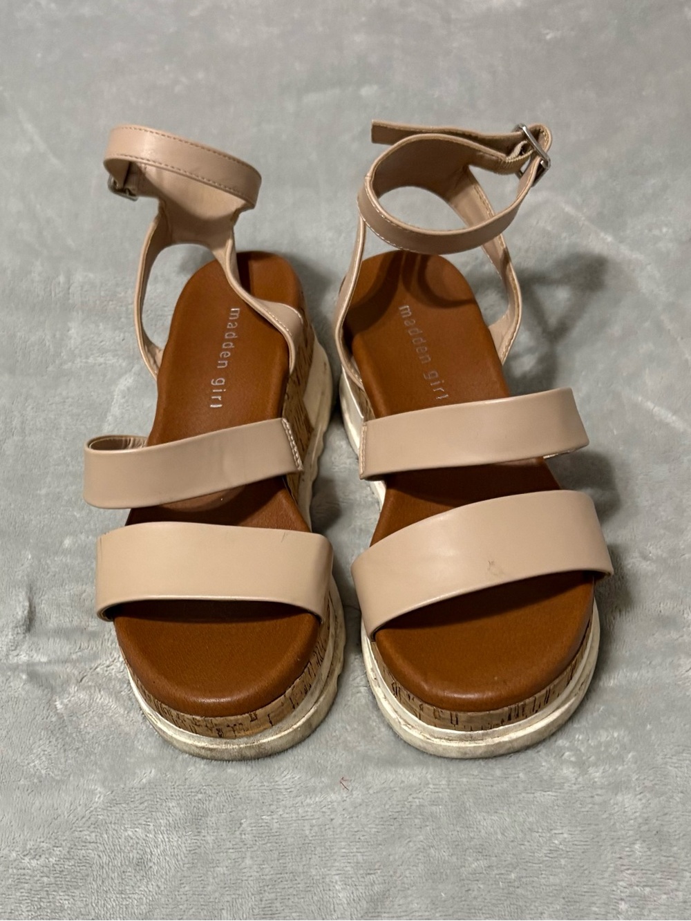 Madden Girl Beige Faux-Leather Ankle-Strap Cork Wedge Sandals